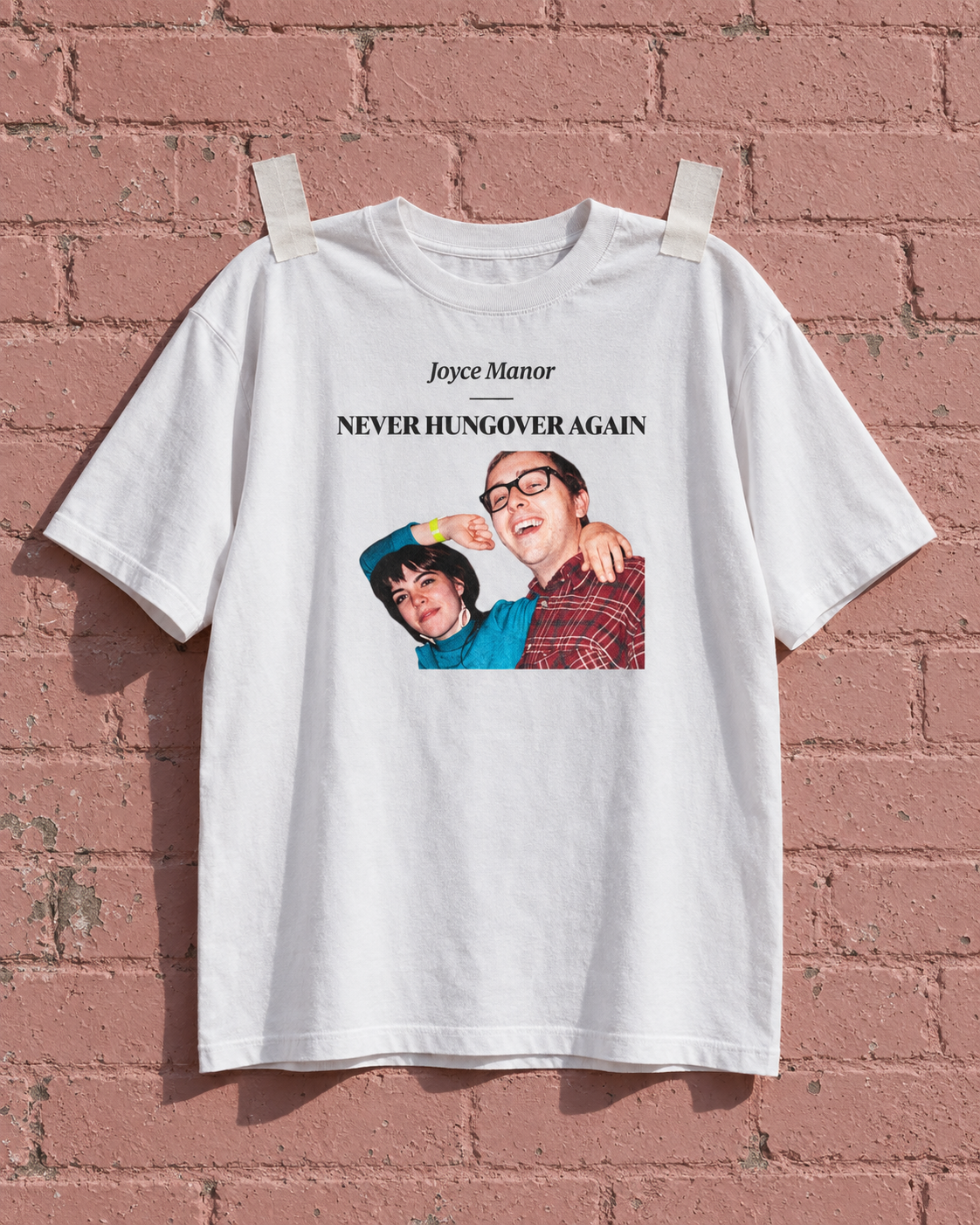 Joyce Manor Never Hungover Again White Heavy Weight Tee — Pink wall | NEVER ENOUGH gallery