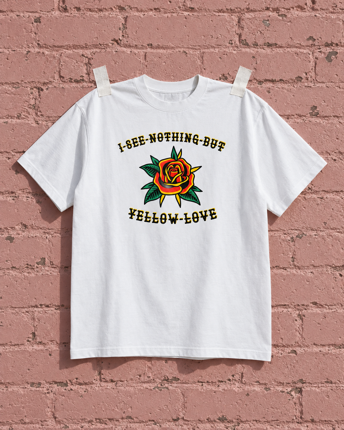 Citizen Yellow Love White Heavy Weight Tee — Pink wall | NEVER ENOUGH gallery